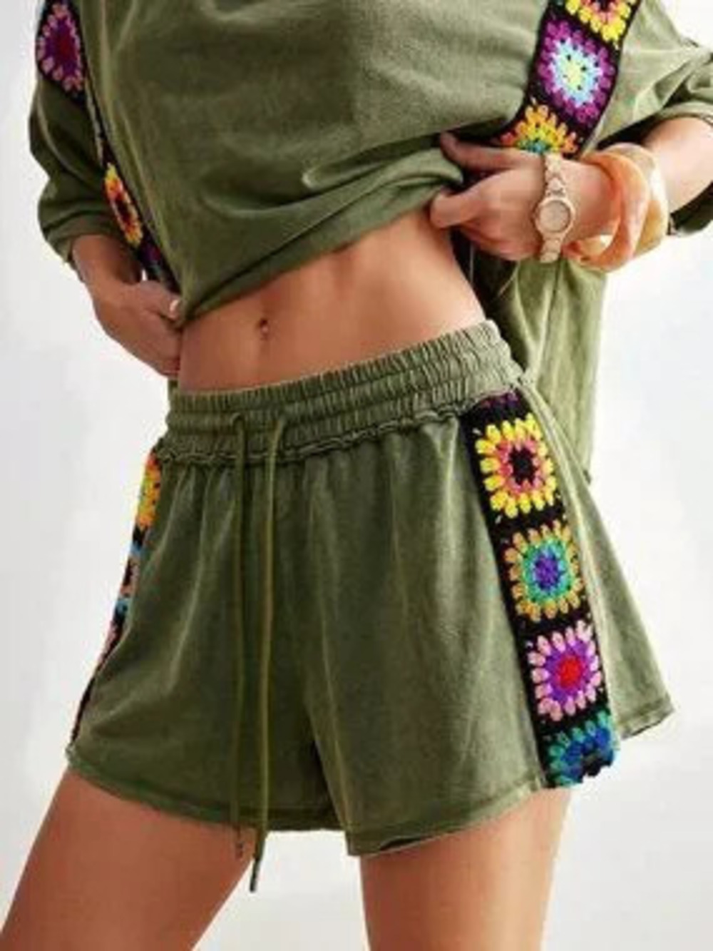 Army Green Casual Women's Knit Round Neck Loose Short Sleeve T-Shirt & Shorts